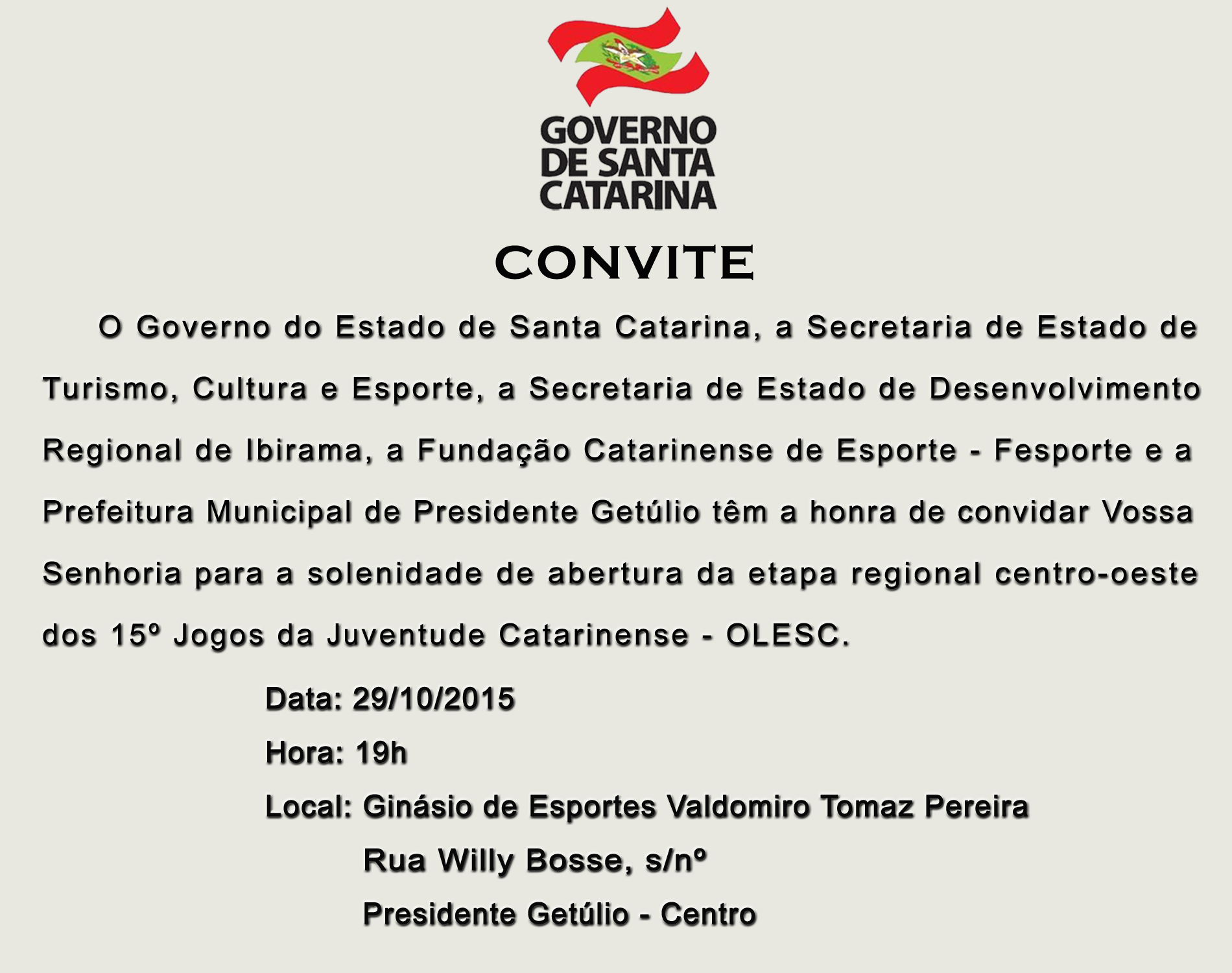 CONVITE REGIONAL OLESC PRESIDENTE GETÚLIO