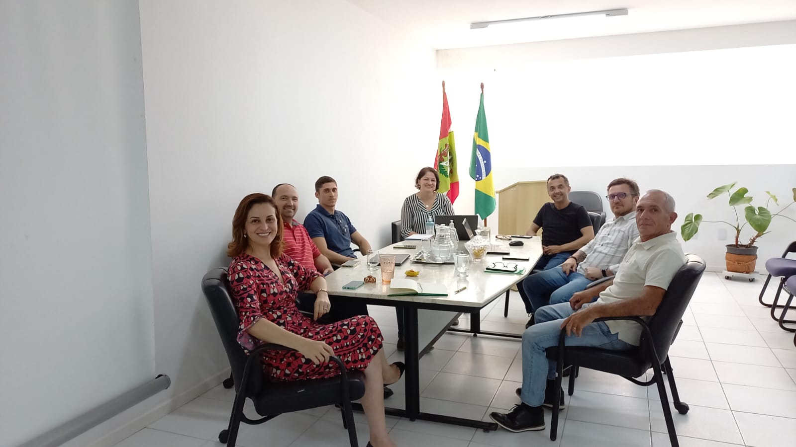 Integrantes da NUPROJ e DIAP sentados a mesa, com bandeiras do Brasil e Santa Catarina ao fundo.