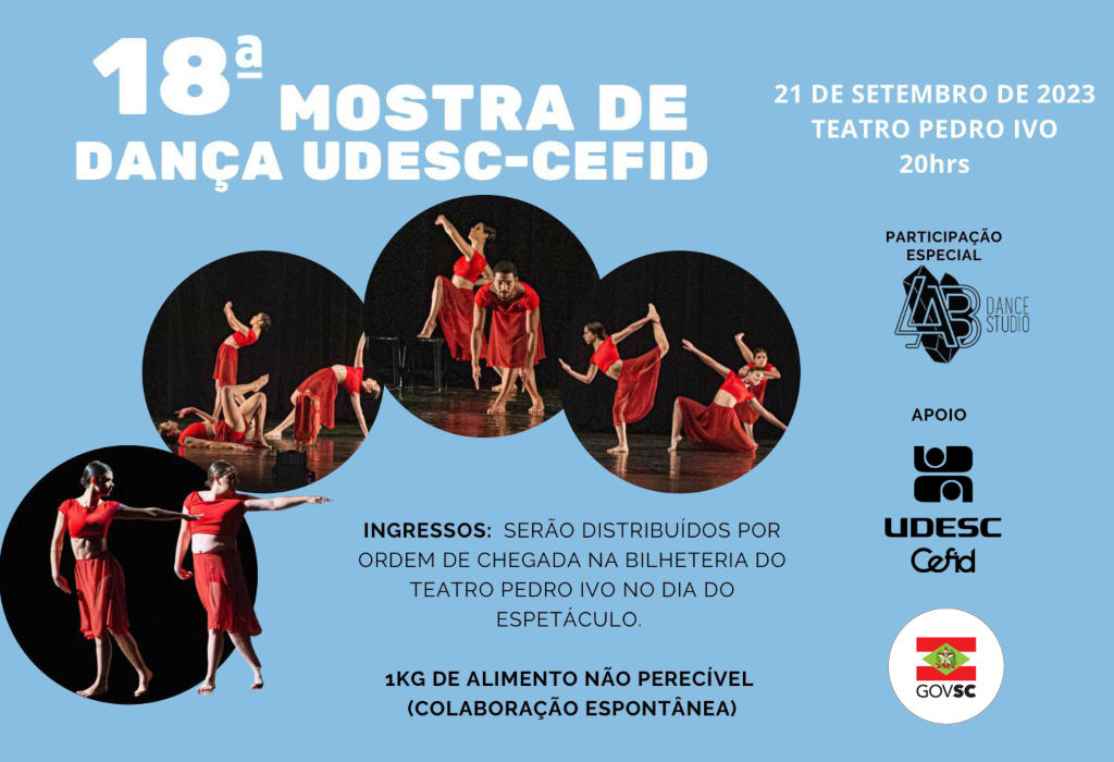 Banner da Mostra de Dança, com imagens de coreografias sobre fundo azul-claro