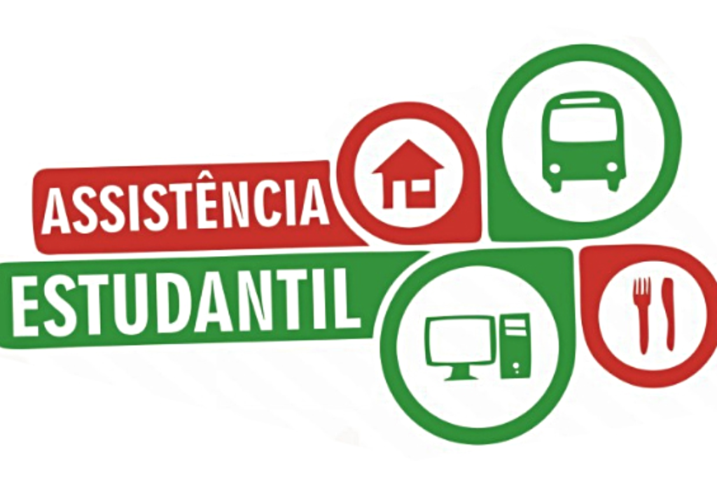 Banner com as palavras "Assistência estudantil" sobre fundos vermelho e verde