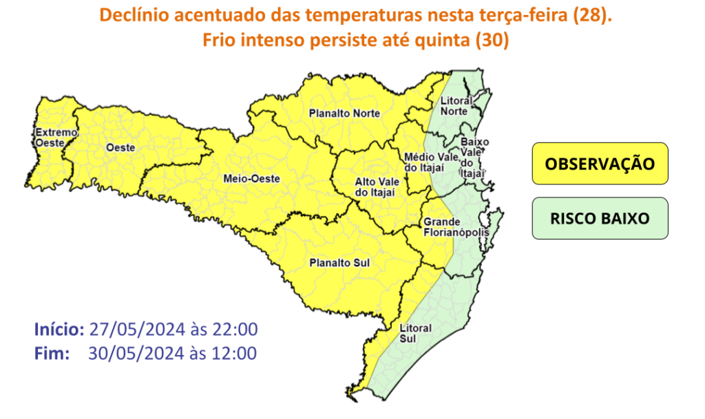 Tempo em SC: massa de ar frio derruba as temperaturas e terça-feira deve ter mínimas negativas na Serra