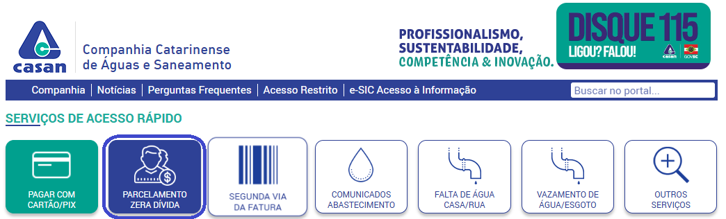 Serviço Casan: Programa Zera Dívida pode ser acessado na página principal do site